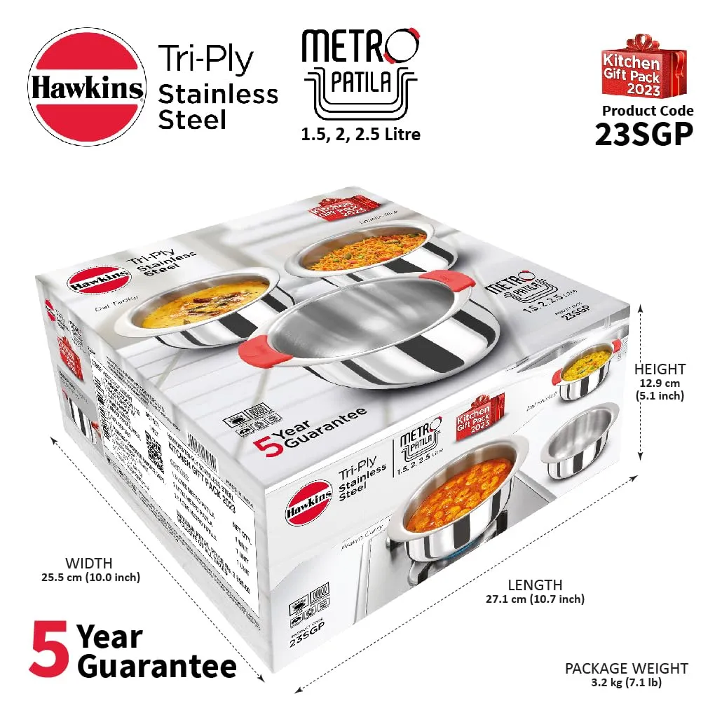 Hawkins Kitchen Gift Pack 2023 (23SGP) 3 Pieces Set of 1.5 Litre, 2 Litre and 2.5 Litre Triply Stainless Steel Patila, Tope, Bhagona, Tapeli, Saucepans