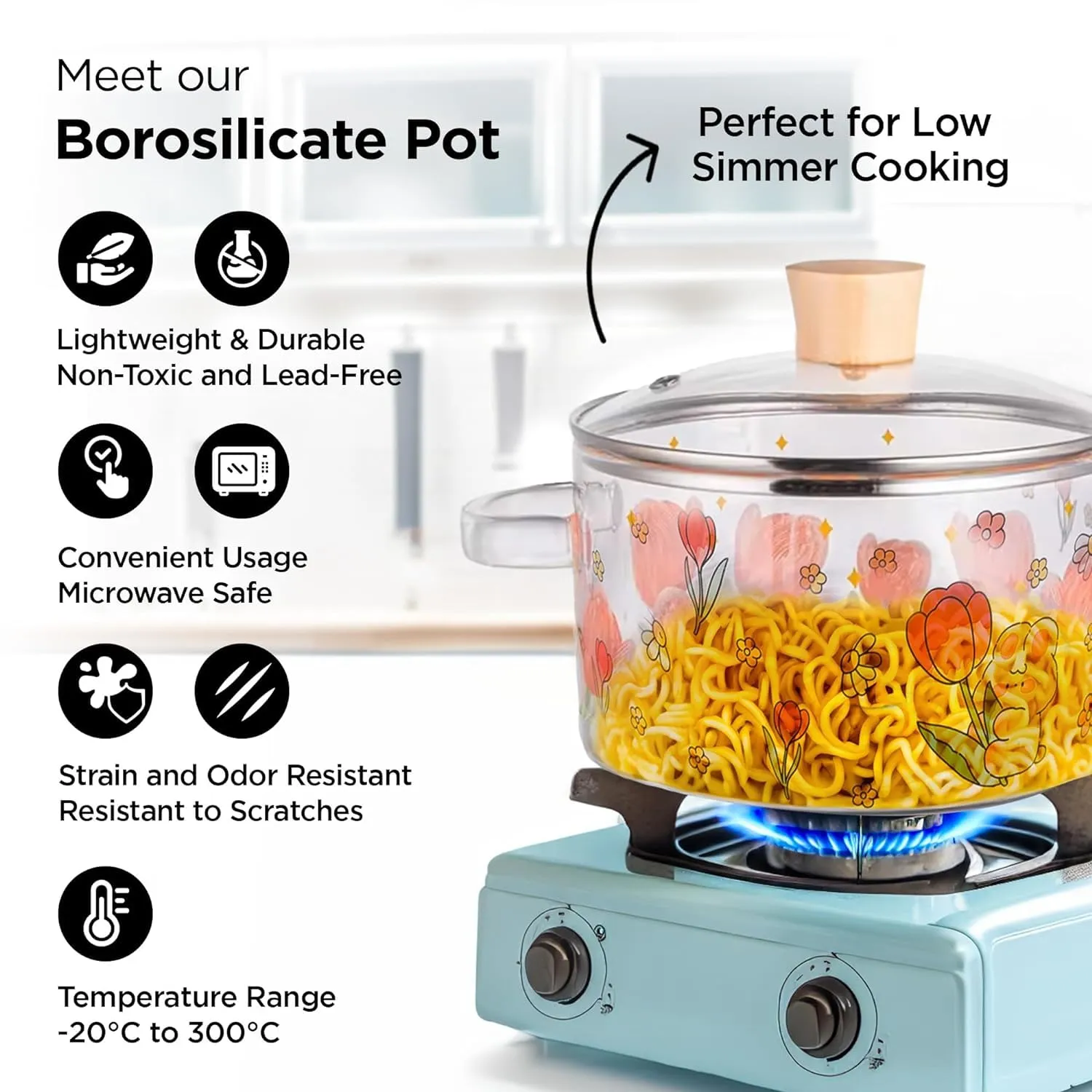 Homestic Borosilicate Glass 1.45L Saucepan with Lid & Handle | Induction Pan Cookware | Handi for Cooking | Microwave Safe | Cooktop for Tea/Milk/Pasta/Noodles/Rice | Transparent-Flower Print