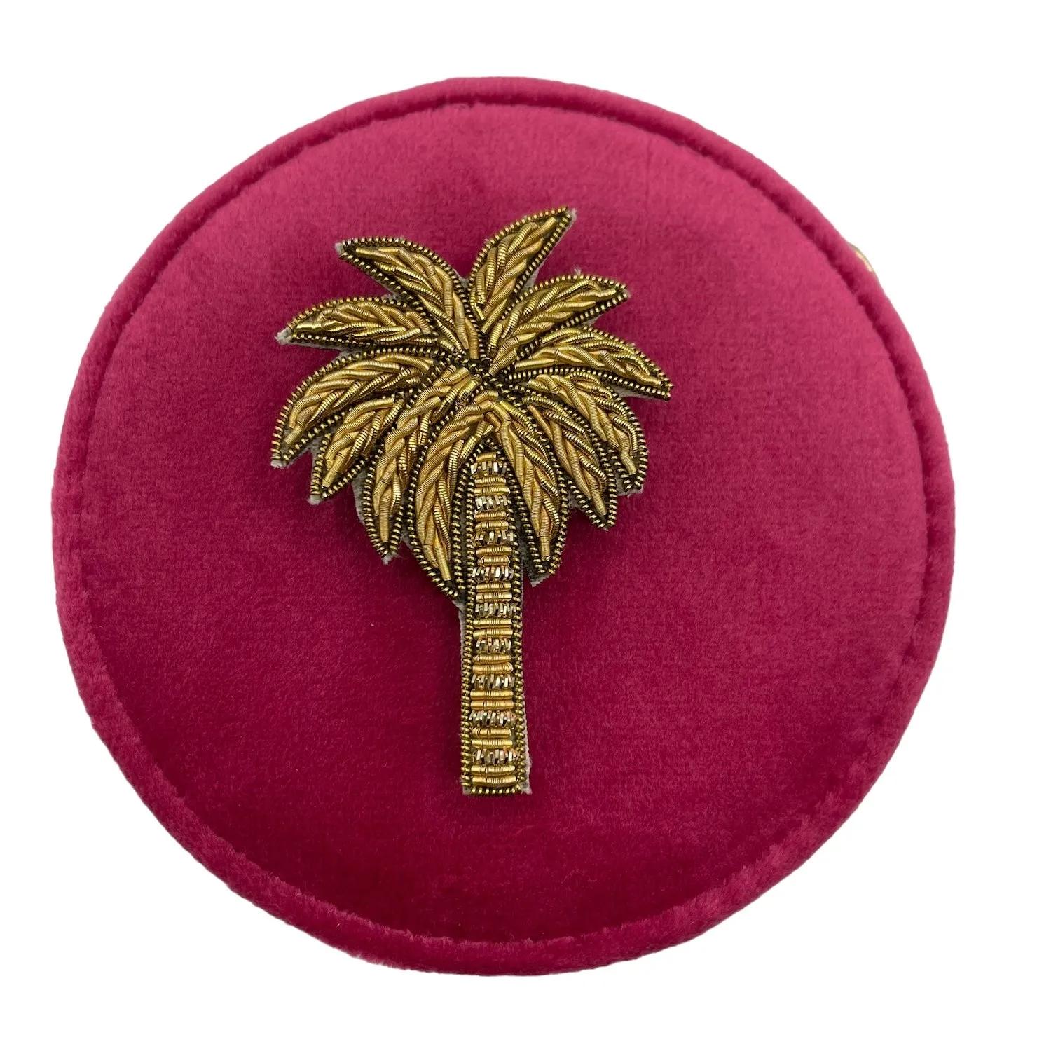 Jewellery travel pot in recycled velvet, bright pink with a palm tree pin