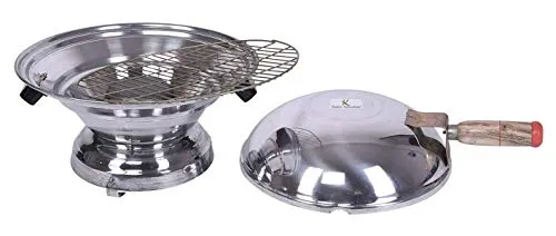 Aluminum Gas Tandoor Bati Maker Oven, Barbecue Grill & Food Steamer Set - 34 x 34 x 26 cm - Silver