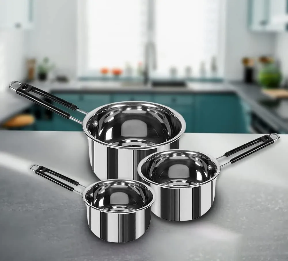 Kuber Industries Set of 3 Stainless Steel Saucepan/Tea Pan|1.1 L, 1.5 L, 2.2 L Capacity|Silicon Handle|Thick Base for Boiling Milk & Tea|Heavy Duty Gauge|Tapeli Patila, Sauce Pot Cookware (Pack of 3)