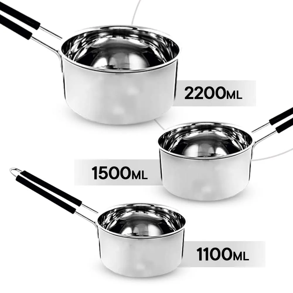 Kuber Industries Set of 3 Stainless Steel Saucepan/Tea Pan|1.1 L, 1.5 L, 2.2 L Capacity|Silicon Handle|Thick Base for Boiling Milk & Tea|Heavy Duty Gauge|Tapeli Patila, Sauce Pot Cookware (Pack of 3)