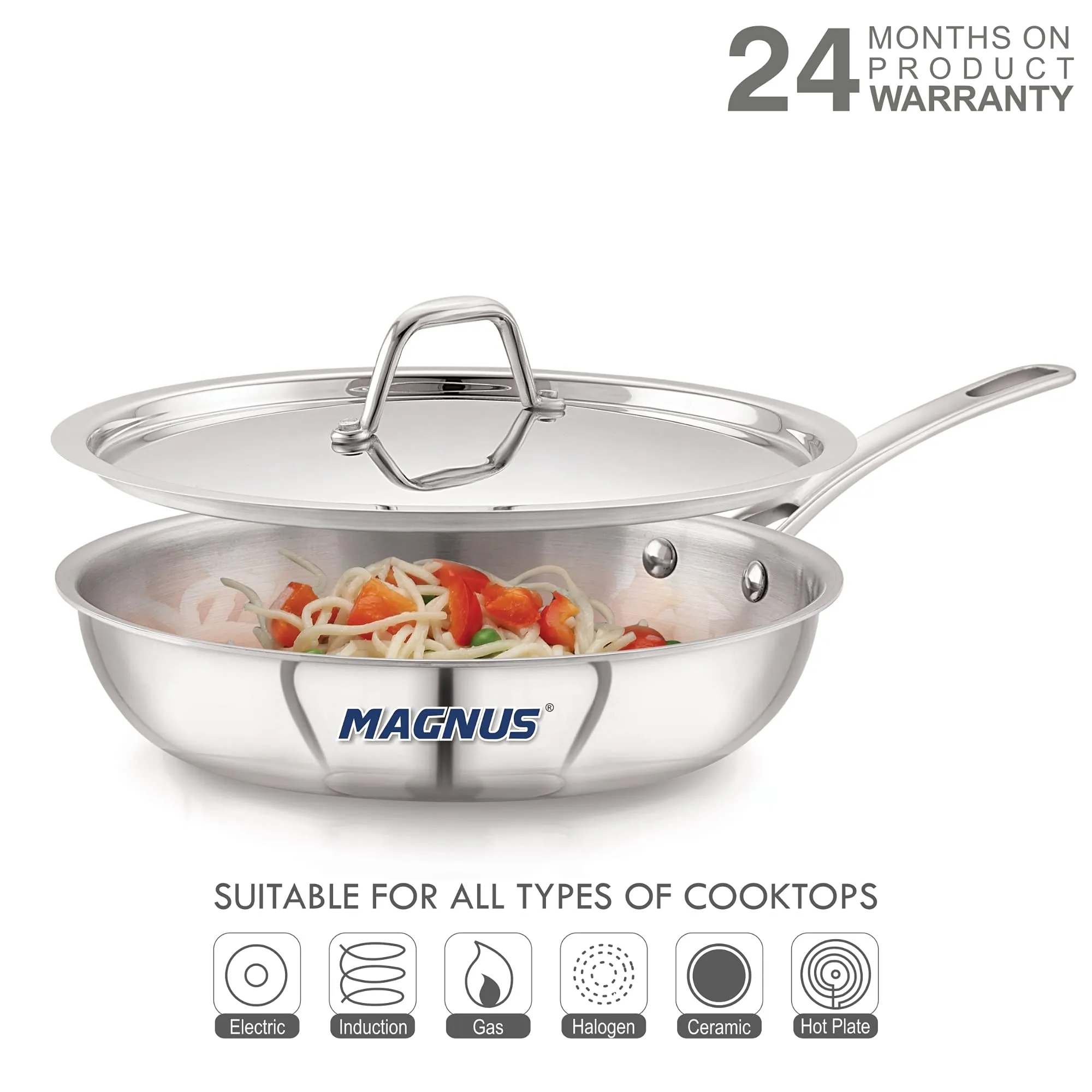 Magnus Triply Stainless Steel Fry Pan with Lid and Induction Bottom, 22 cm|1.5 L, Silver|Use for Home, Kitchen and Restaurant - Easy to Clean and Dishwasher Oven Safe