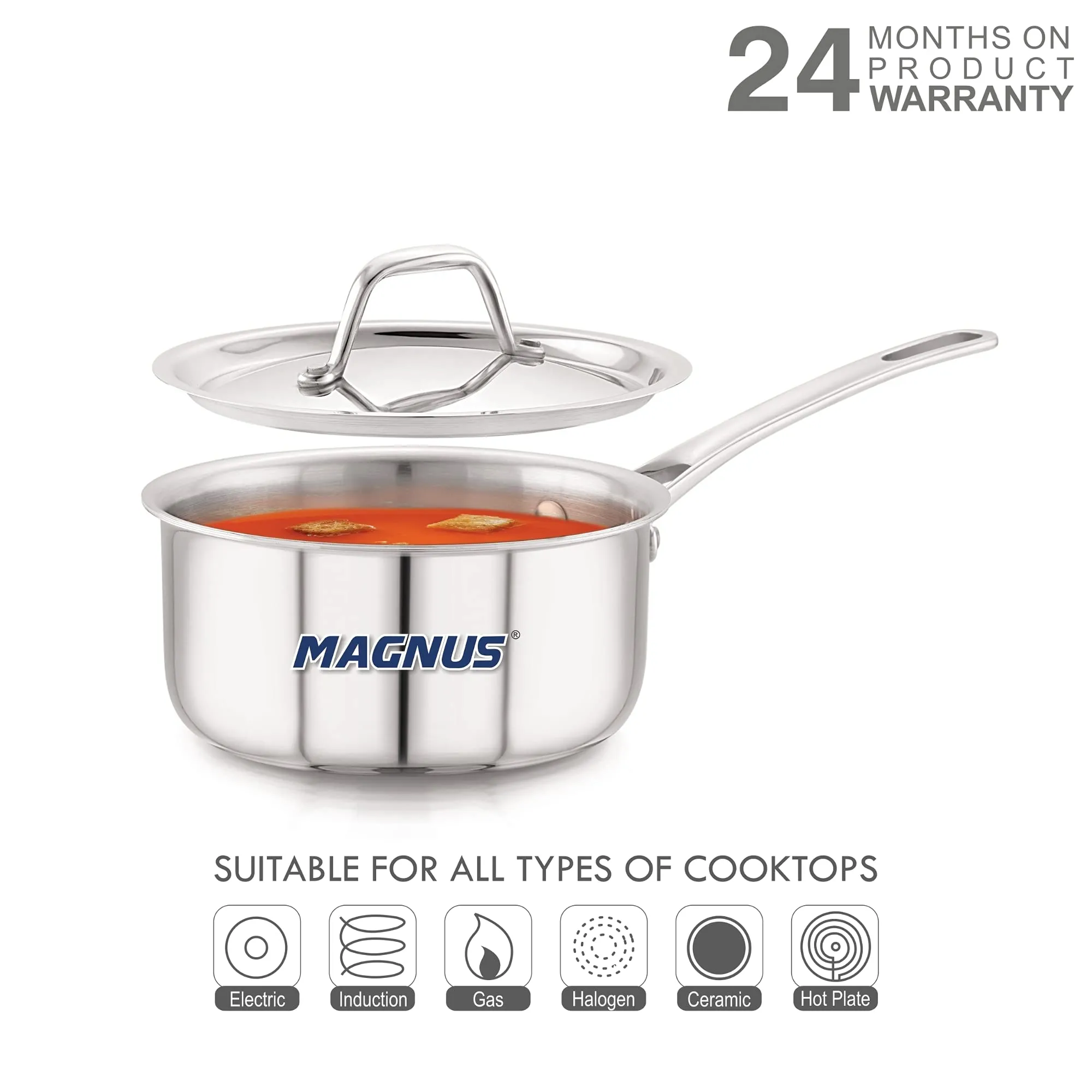 Magnus Triply Stainless Steel Sauce Pan with Stainless Steel Lid and Induction Bottom, 18 cm|2.2 L, Silver|Use for Home, Kitchen and Restaurant - Easy to Clean and Dishwasher Oven Safe