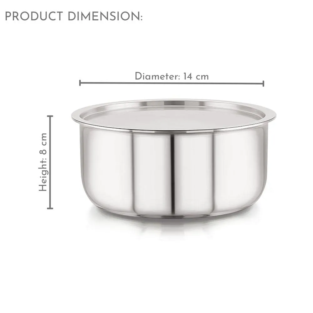 Magnus Triply Stainless Steel Tope with Stainless Steel Lid and Induction Bottom, 14 cm|1.1 L, Silver|Use for Home, Kitchen and Restaurant - Easy to Clean and Dishwasher Oven Safe