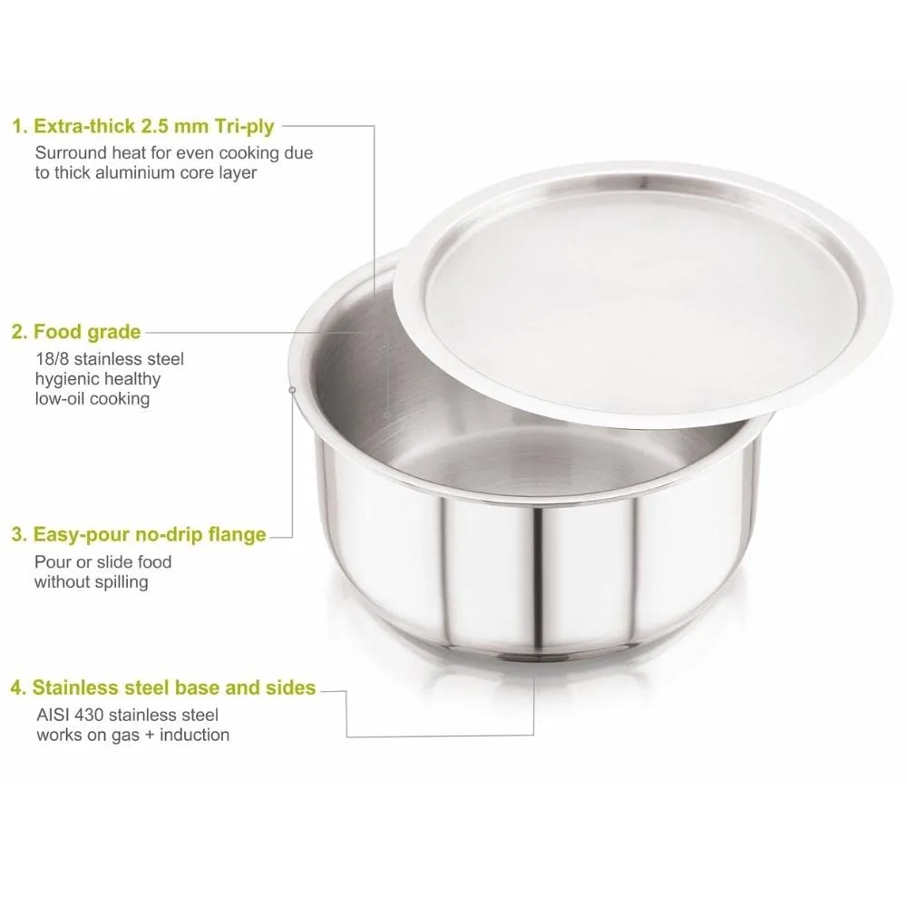 Magnus Triply Stainless Steel Tope with Stainless Steel Lid and Induction Bottom, 14 cm|1.1 L, Silver|Use for Home, Kitchen and Restaurant - Easy to Clean and Dishwasher Oven Safe