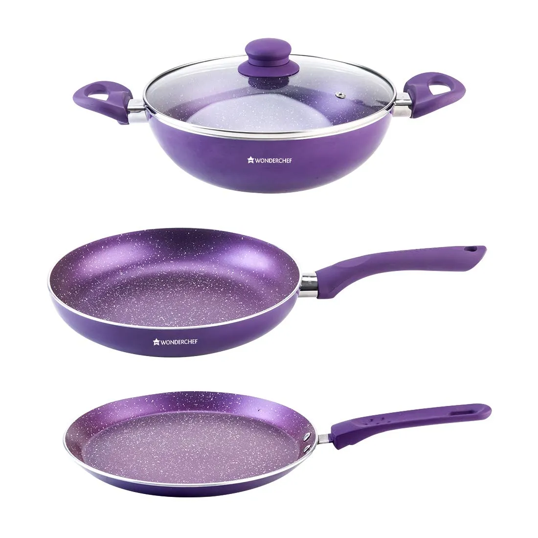 Orchid Non-Stick Cookware 4 Piece Set | Kadhai with Glass Lid 2.7L, Dosa Tawa 28cm, Fry Pan 24cm | Induction Bottom | Soft Touch Handles | Pure Grade Aluminium | PFOA Free | 2 Year Warranty | Purple