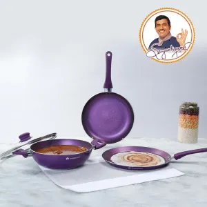 Orchid Non-Stick Cookware 4 Piece Set | Kadhai with Glass Lid 2.7L, Dosa Tawa 28cm, Fry Pan 24cm | Induction Bottom | Soft Touch Handles | Pure Grade Aluminium | PFOA Free | 2 Year Warranty | Purple