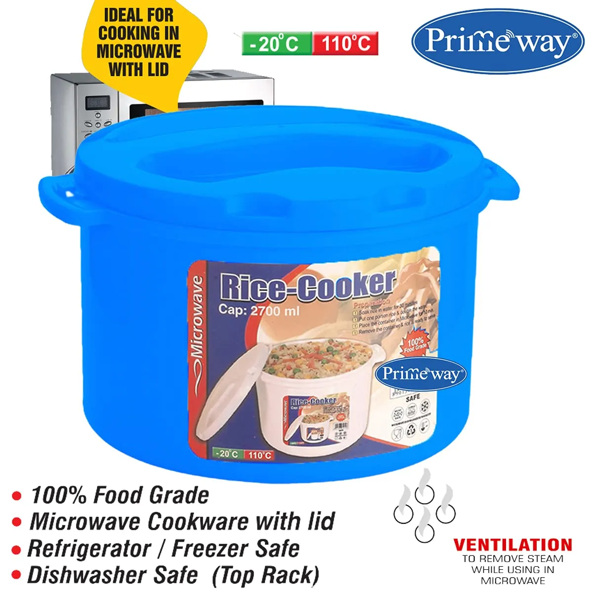 Primeway® Polypropylene 2.7L Microwave Rice Cooker Container w/Serving Spoon (Blue)