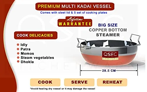 QSEC Stainless Steel idly cooker Multi Kadai Idli and dhokla Steamer & idli cooker with 7 plates | Mini idli stand | 2 Mini Idli plate | 2 idli | 2 Dhokla | 1 Momos | Multi utility kadai cookware set