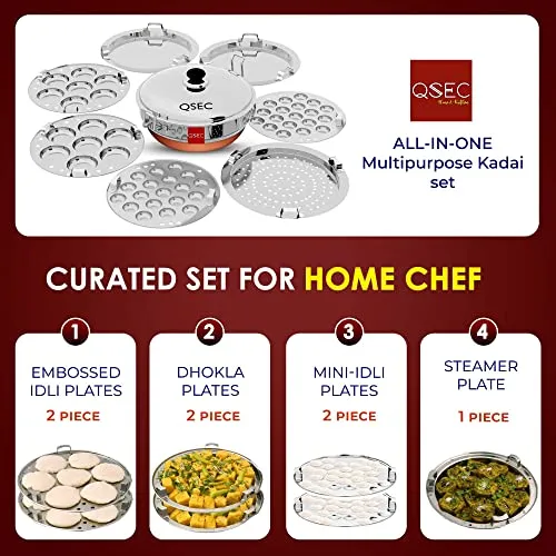 QSEC Stainless Steel idly cooker Multi Kadai Idli and dhokla Steamer & idli cooker with 7 plates | Mini idli stand | 2 Mini Idli plate | 2 idli | 2 Dhokla | 1 Momos | Multi utility kadai cookware set