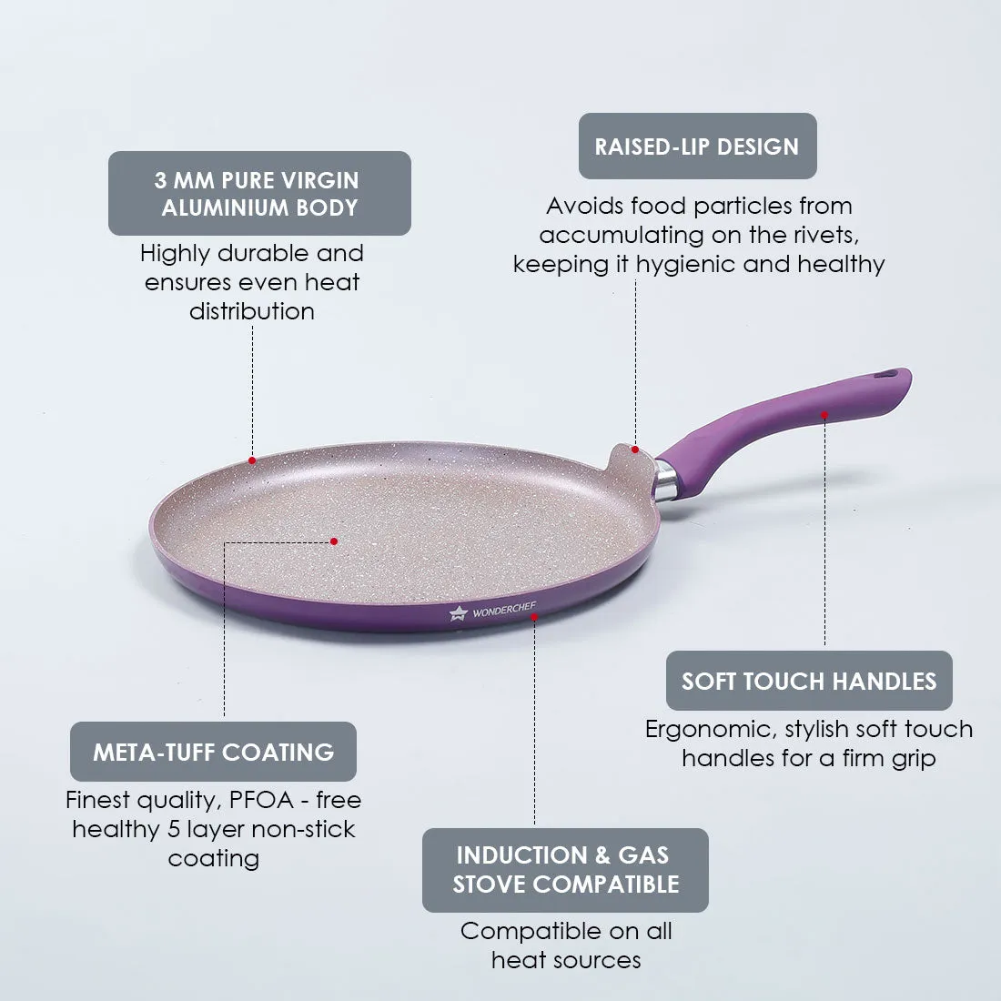 Royal Velvet 24 cm Non-Stick Dosa Tawa | Induction Bottom | Soft-Touch Handle | Virgin Grade Aluminium | PFOA and Heavy Metals Free | 3 mm | Non-Stick Tawa | 2 Years Warranty | Purple