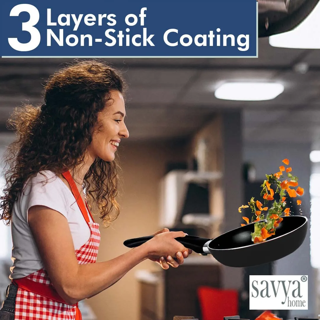 SAVYA HOME Non Stick Frying Pan | 22 cm | Stove & Induction Cookware | Minimal Oil Cooking | Easy Grip Handle | 3 Layer Non Stick Coating | Non-Toxic & Lightweight | 2 Year Warranty| Black Colour