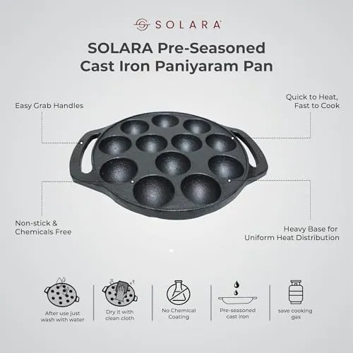 SOLARA Pre Seasoned Cast Iron Paniyaram Pan 12 Cavities 8 Inch, 20 cm Appam Patra, Paniyarakkal Pan for Appe, Gunta Ponganalu, Paddu, Kuzhi and Litti, Cast Iron Cookware