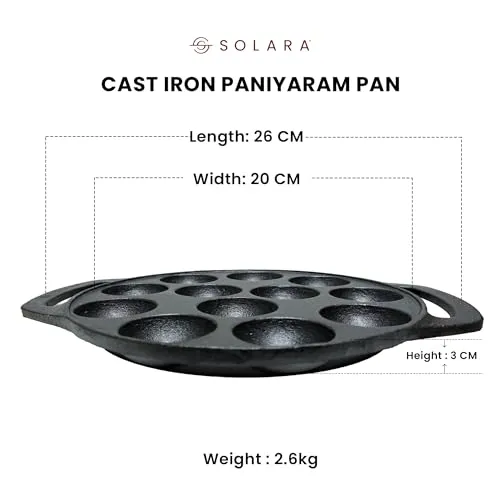 SOLARA Pre Seasoned Cast Iron Paniyaram Pan 12 Cavities 8 Inch, 20 cm Appam Patra, Paniyarakkal Pan for Appe, Gunta Ponganalu, Paddu, Kuzhi and Litti, Cast Iron Cookware