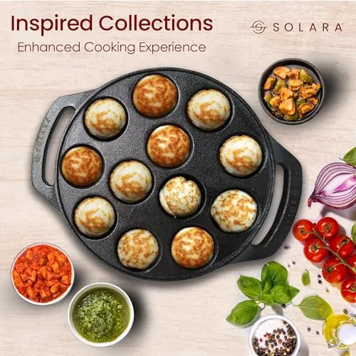 SOLARA Pre Seasoned Cast Iron Paniyaram Pan 12 Cavities 8 Inch, 20 cm Appam Patra, Paniyarakkal Pan for Appe, Gunta Ponganalu, Paddu, Kuzhi and Litti, Cast Iron Cookware