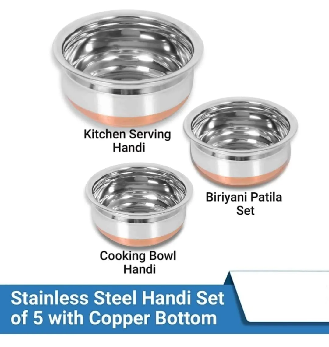 Steel Handi Set Copper Bottom Handi with Lid- 3Set/Cookware Set of 3 PiecesCooking Serving Bowl biryani Milk Pot pan Size: 1000 ML,1500 ML,2000 ML, (Copper, Stainless Steel)