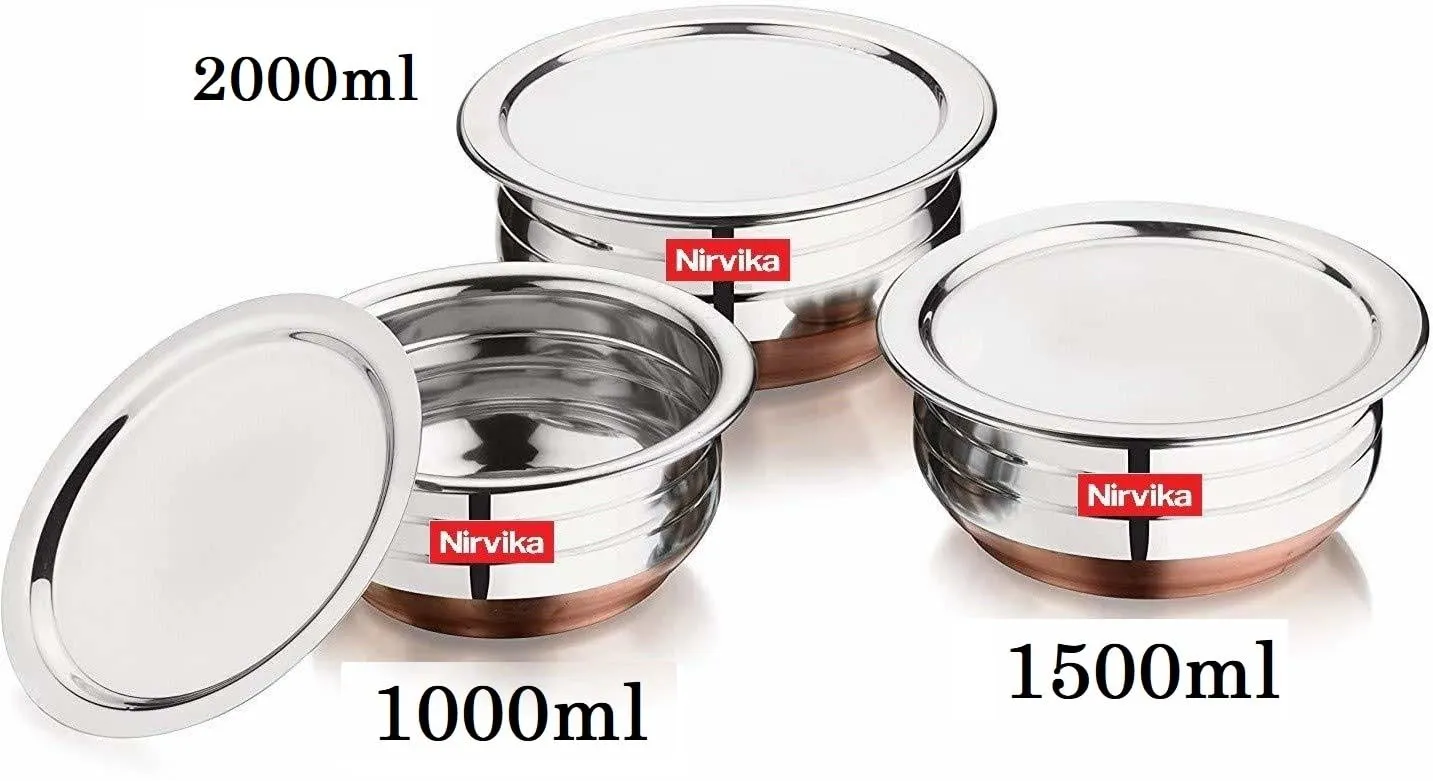 Steel Handi Set Copper Bottom Handi with Lid- 3Set/Cookware Set of 3 PiecesCooking Serving Bowl biryani Milk Pot pan Size: 1000 ML,1500 ML,2000 ML, (Copper, Stainless Steel)