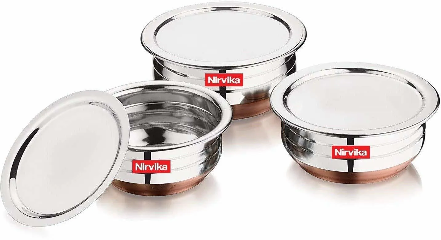 Steel Handi Set Copper Bottom Handi with Lid- 3Set/Cookware Set of 3 PiecesCooking Serving Bowl biryani Milk Pot pan Size: 1000 ML,1500 ML,2000 ML, (Copper, Stainless Steel)