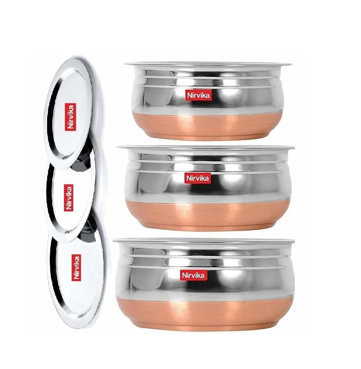 Steel Handi Set Copper Bottom Handi with Lid- 3Set/Cookware Set of 3 PiecesCooking Serving Bowl biryani Milk Pot pan Size: 1000 ML,1500 ML,2000 ML, (Copper, Stainless Steel)