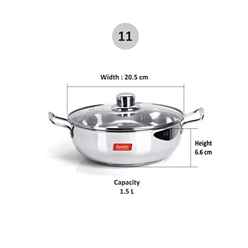 Sumeet Stainless Steel kadhai with Glass lid 1.5 litres Capacity 20.5 x 20.5 x 6.6 Centimeters 2 Piece (Induction and Gas Stove Friendly)