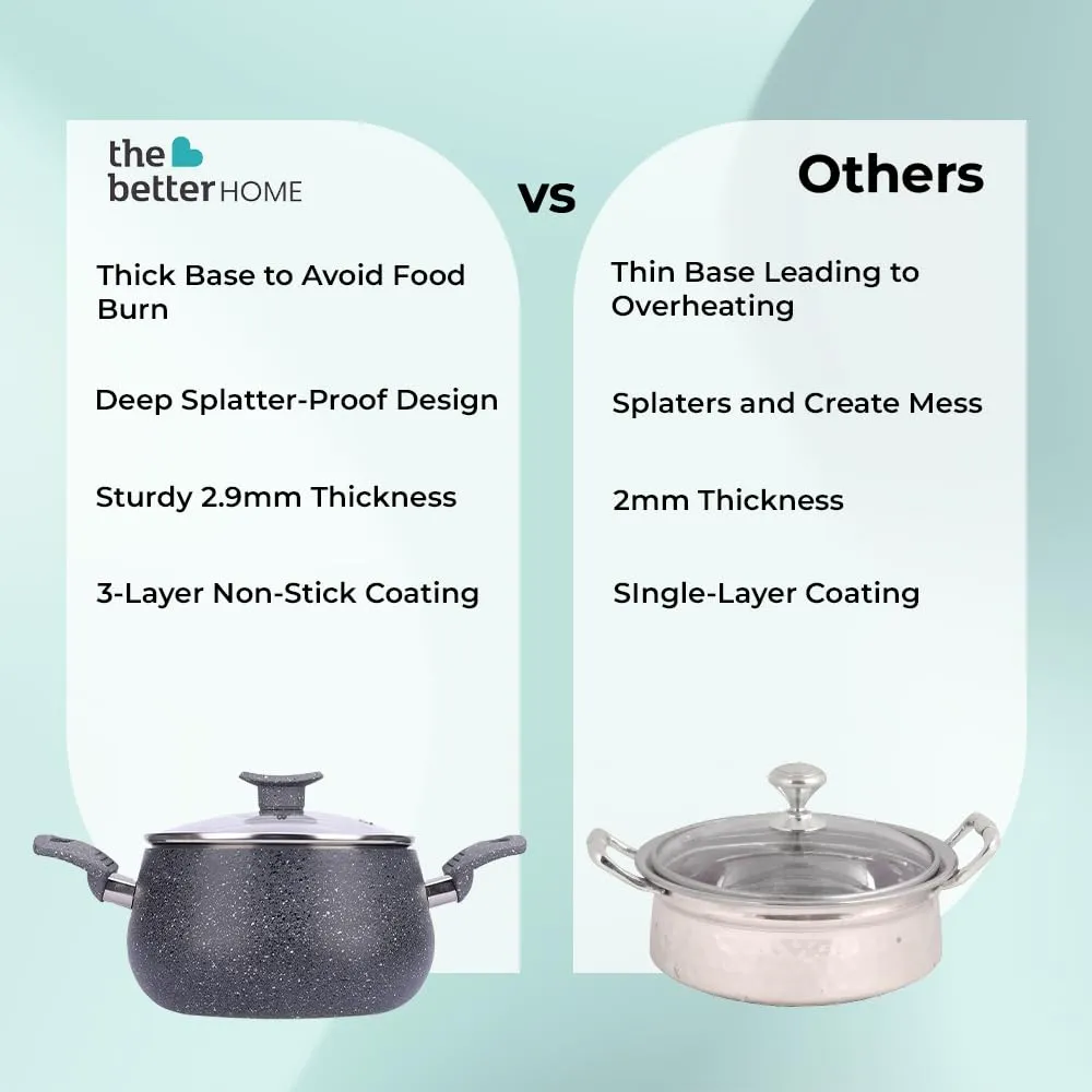 The Better Home Non Stick Handi with Lid (3 liter)|Big Biryani Handi|Gas Stove Cookware|Durable, Non-Toxic|Easy Grip Handle |Heat Surround Cooking | Handi Pot for Cooking, Aluminium, Grey Handi Pot