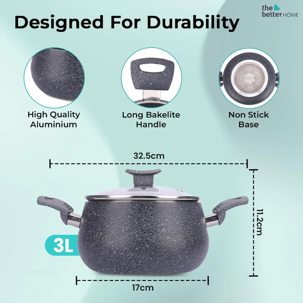 The Better Home Non Stick Handi with Lid (3 liter)|Big Biryani Handi|Gas Stove Cookware|Durable, Non-Toxic|Easy Grip Handle |Heat Surround Cooking | Handi Pot for Cooking, Aluminium, Grey Handi Pot