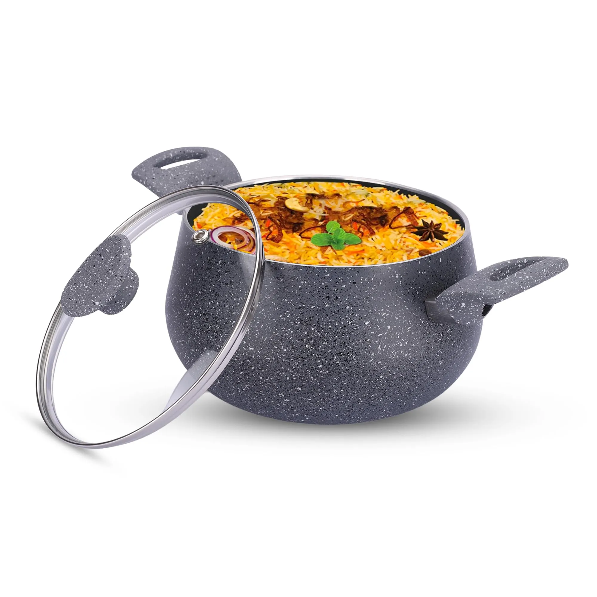 The Better Home Non Stick Handi with Lid (3 liter)|Big Biryani Handi|Gas Stove Cookware|Durable, Non-Toxic|Easy Grip Handle |Heat Surround Cooking | Handi Pot for Cooking, Aluminium, Grey Handi Pot