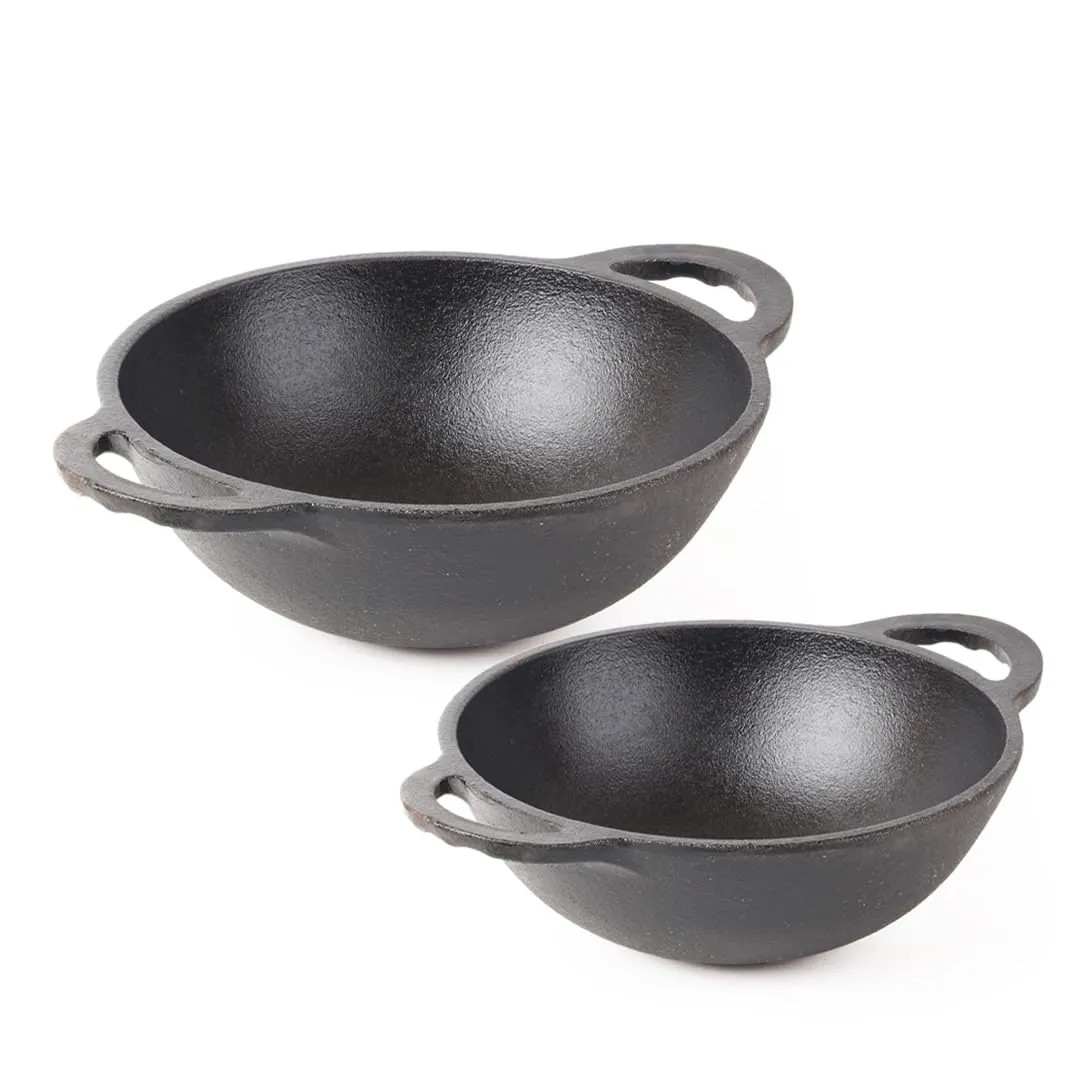 The Indus Valley Pre-Seasoned Cast Iron Cookware Set | Kadai (20.5cm/1.4L)   Kadai (25.6cm/2.2L) | Kitchen Cooking Combo Pots and Pans Set of 2Pcs | Naturally Nonstick