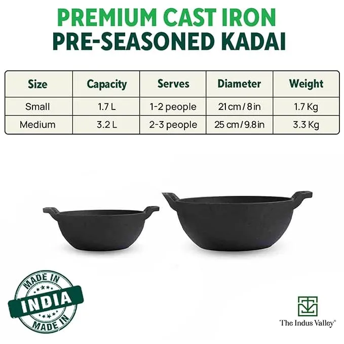 The Indus Valley Pre-Seasoned Cast Iron Kadai with Curved Handles | Small, 21 cm/8 inch, 1.7Ltr, 1.7kg | Induction Friendly | Naturally Nonstick Kadhai, 100% Pure & Toxin-Free, No Chemical Coating