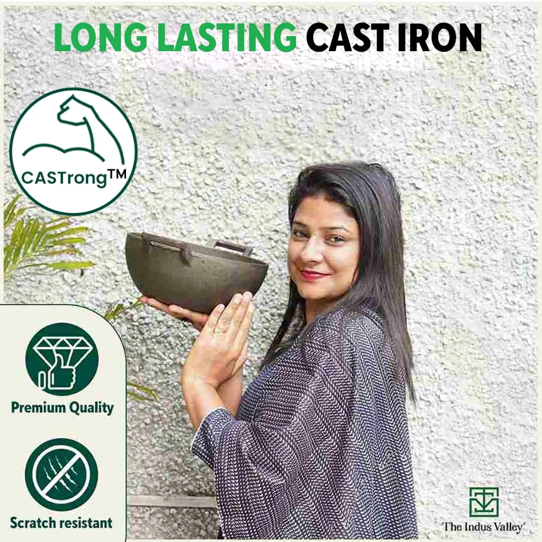 The Indus Valley Pre-Seasoned Cast Iron Kadai with Curved Handles | Small, 21 cm/8 inch, 1.7Ltr, 1.7kg | Induction Friendly | Naturally Nonstick Kadhai, 100% Pure & Toxin-Free, No Chemical Coating