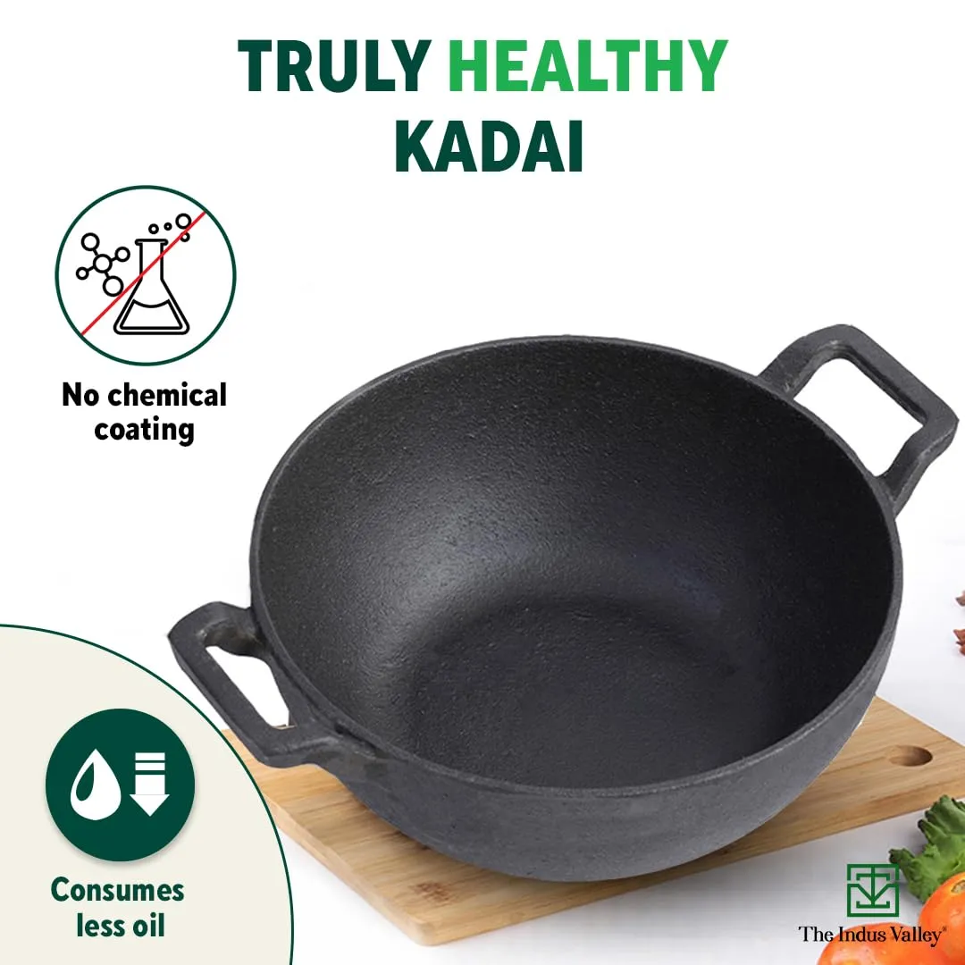 The Indus Valley Pre-Seasoned Cast Iron Kadai with Curved Handles | Small, 21 cm/8 inch, 1.7Ltr, 1.7kg | Induction Friendly | Naturally Nonstick Kadhai, 100% Pure & Toxin-Free, No Chemical Coating