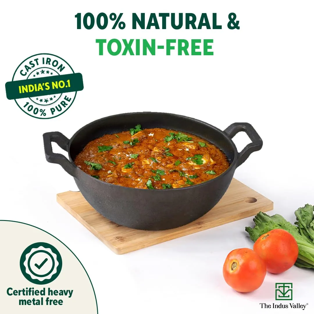 The Indus Valley Pre-Seasoned Cast Iron Kadai with Curved Handles | Small, 21 cm/8 inch, 1.7Ltr, 1.7kg | Induction Friendly | Naturally Nonstick Kadhai, 100% Pure & Toxin-Free, No Chemical Coating