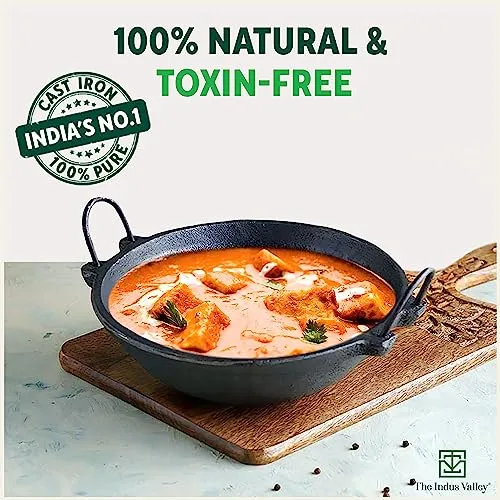 The Indus Valley Pre-Seasoned Cast Iron Kadai with Strong Handles | Very Small, 20.8cm/8inch, 1.1Ltr, 1.8kg | Induction Friendly | Naturally Nonstick, 100% Pure & Toxin-Free, No Chemical Coating