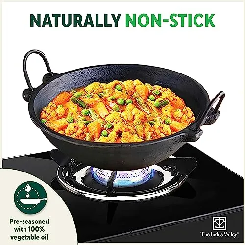 The Indus Valley Pre-Seasoned Cast Iron Kadai with Strong Handles | Very Small, 20.8cm/8inch, 1.1Ltr, 1.8kg | Induction Friendly | Naturally Nonstick, 100% Pure & Toxin-Free, No Chemical Coating