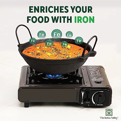 The Indus Valley Pre-Seasoned Cast Iron Kadai with Strong Handles | Very Small, 20.8cm/8inch, 1.1Ltr, 1.8kg | Induction Friendly | Naturally Nonstick, 100% Pure & Toxin-Free, No Chemical Coating