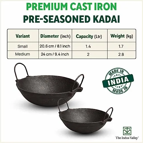 The Indus Valley Pre-Seasoned Cast Iron Kadai with Strong Handles | Very Small, 20.8cm/8inch, 1.1Ltr, 1.8kg | Induction Friendly | Naturally Nonstick, 100% Pure & Toxin-Free, No Chemical Coating