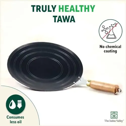 The Indus Valley Pre-Seasoned Iron Tawa for Dosa/Chapathi with Wooden Handle | 27cm/10.6 inch, 0.95kg | Gas Stove Friendly | 100% Pure & Toxin-Free, No Chemical Coating