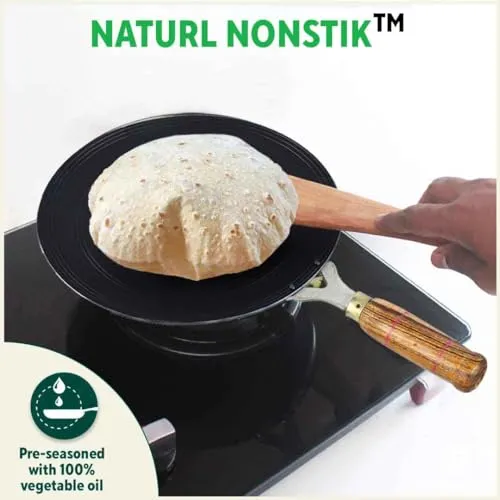 The Indus Valley Pre-Seasoned Iron Tawa for Dosa/Chapathi with Wooden Handle | 27cm/10.6 inch, 0.95kg | Gas Stove Friendly | 100% Pure & Toxin-Free, No Chemical Coating