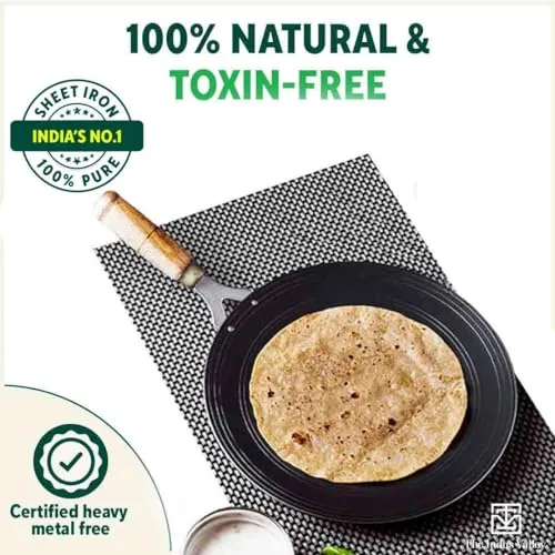 The Indus Valley Pre-Seasoned Iron Tawa for Dosa/Chapathi with Wooden Handle | 27cm/10.6 inch, 0.95kg | Gas Stove Friendly | 100% Pure & Toxin-Free, No Chemical Coating