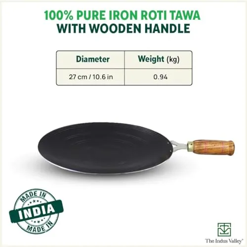 The Indus Valley Pre-Seasoned Iron Tawa for Dosa/Chapathi with Wooden Handle | 27cm/10.6 inch, 0.95kg | Gas Stove Friendly | 100% Pure & Toxin-Free, No Chemical Coating