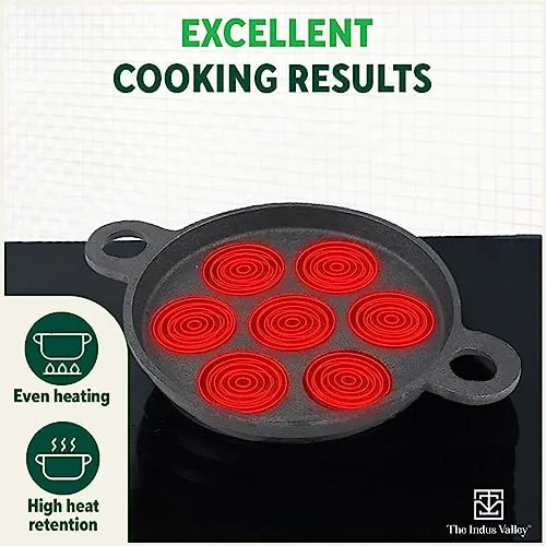 The Indus Valley Super Smooth Cast Iron Paniyaram Pan | Very Small, 7pit, 19cm/7.4 inch, 2.2kg | Induction friendly | Nonstick, Pre-Seasoned Appe/Paddu Pan, 100% Pure & Toxin-free, No Chemical Coating