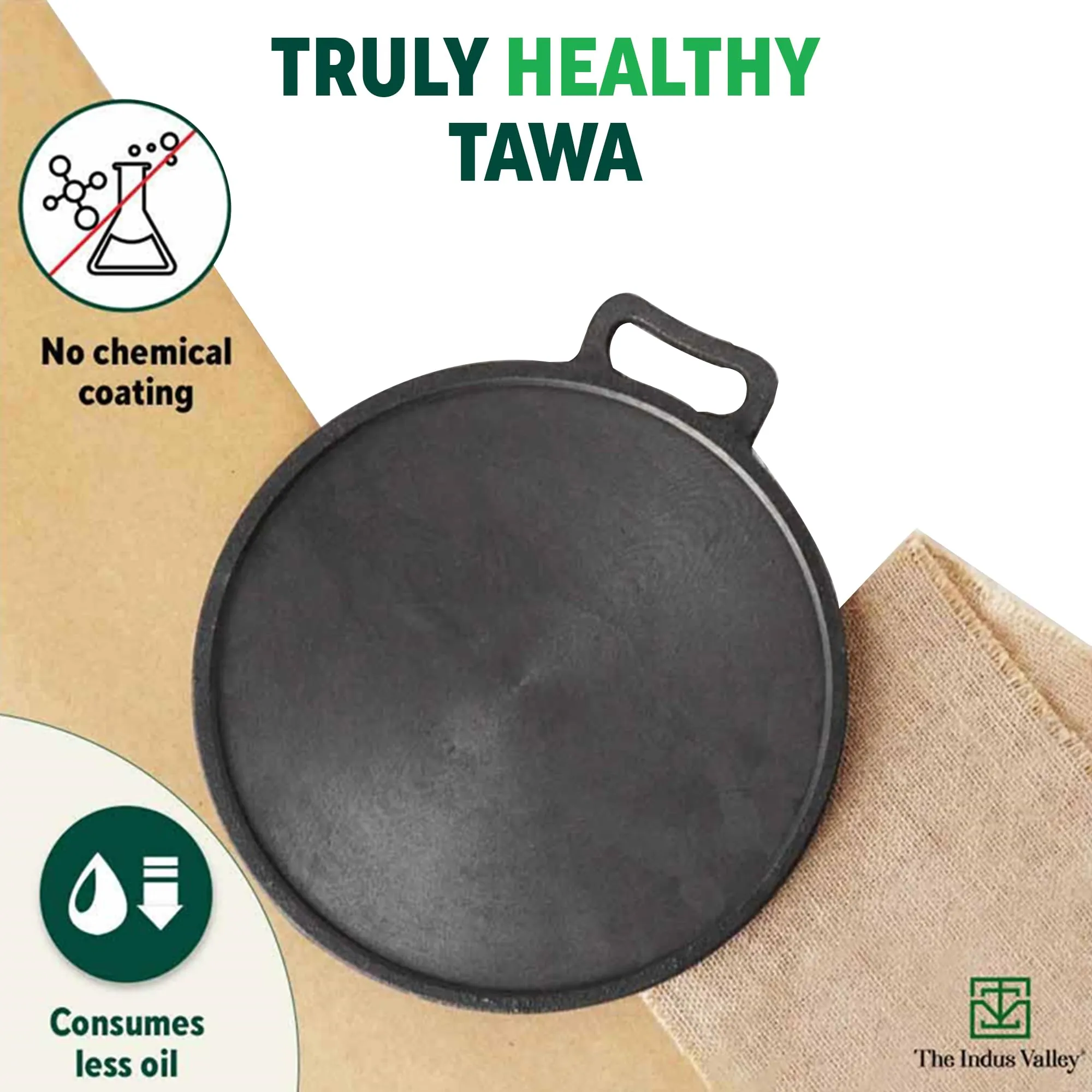 The Indus Valley Super Smooth Cast Iron Tawa for Dosa/Chapathi | 30.4cm/12 inch, 3.1kg | Induction Friendly | Naturally Nonstick, Pre-Seasoned Tawa, 100% Pure & Toxin-Free, No Chemical Coating