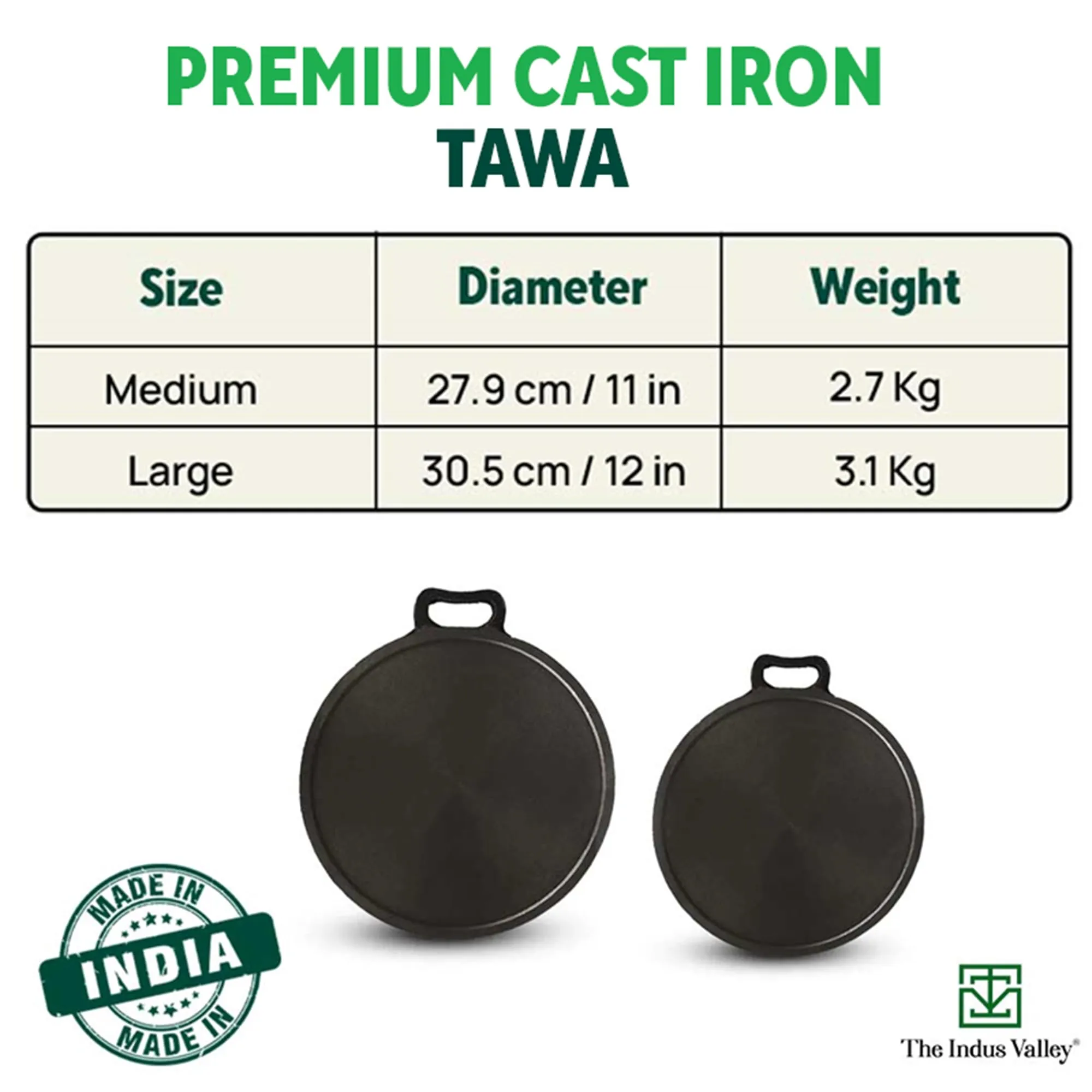 The Indus Valley Super Smooth Cast Iron Tawa for Dosa/Chapathi | 30.4cm/12 inch, 3.1kg | Induction Friendly | Naturally Nonstick, Pre-Seasoned Tawa, 100% Pure & Toxin-Free, No Chemical Coating