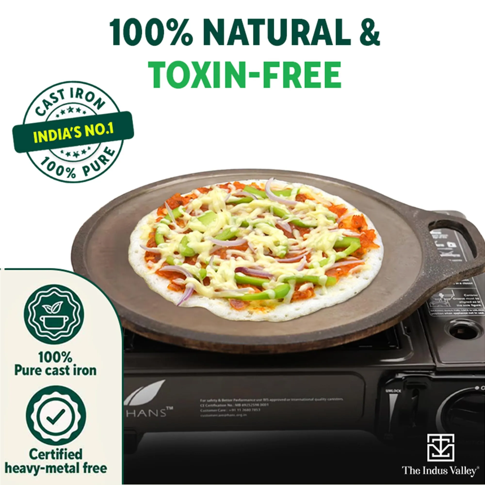 The Indus Valley Super Smooth Cast Iron Tawa for Dosa/Chapathi | 30.4cm/12 inch, 3.1kg | Induction Friendly | Naturally Nonstick, Pre-Seasoned Tawa, 100% Pure & Toxin-Free, No Chemical Coating