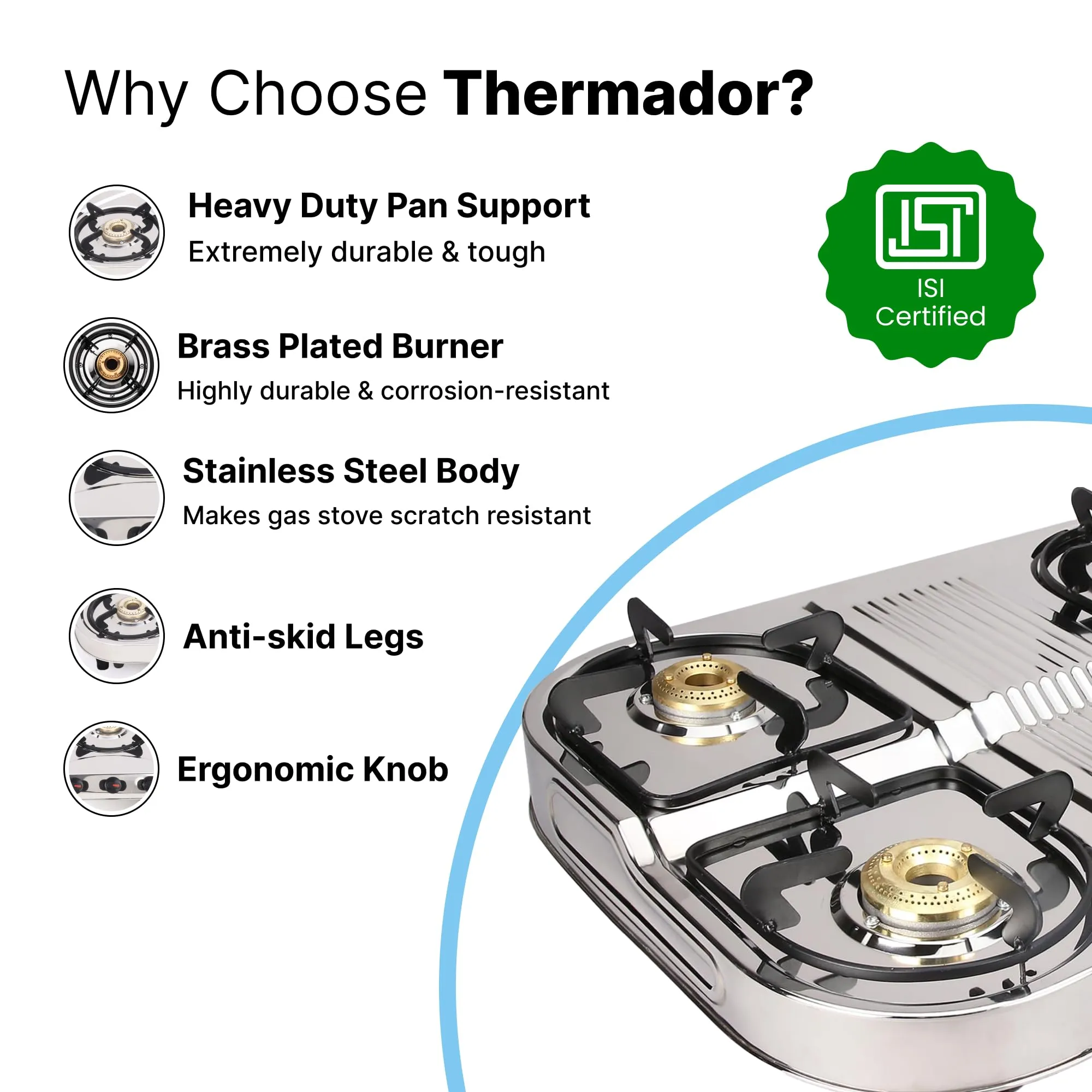 Thermador Glass 4 Burner Gas Stove With Premium Gas Saver Brass Plated Burner | Manual Ignition Stainless Steel Gas Stove | LPG Gas Stove | ISI Certified | 1 Yr Manufacturer Warranty