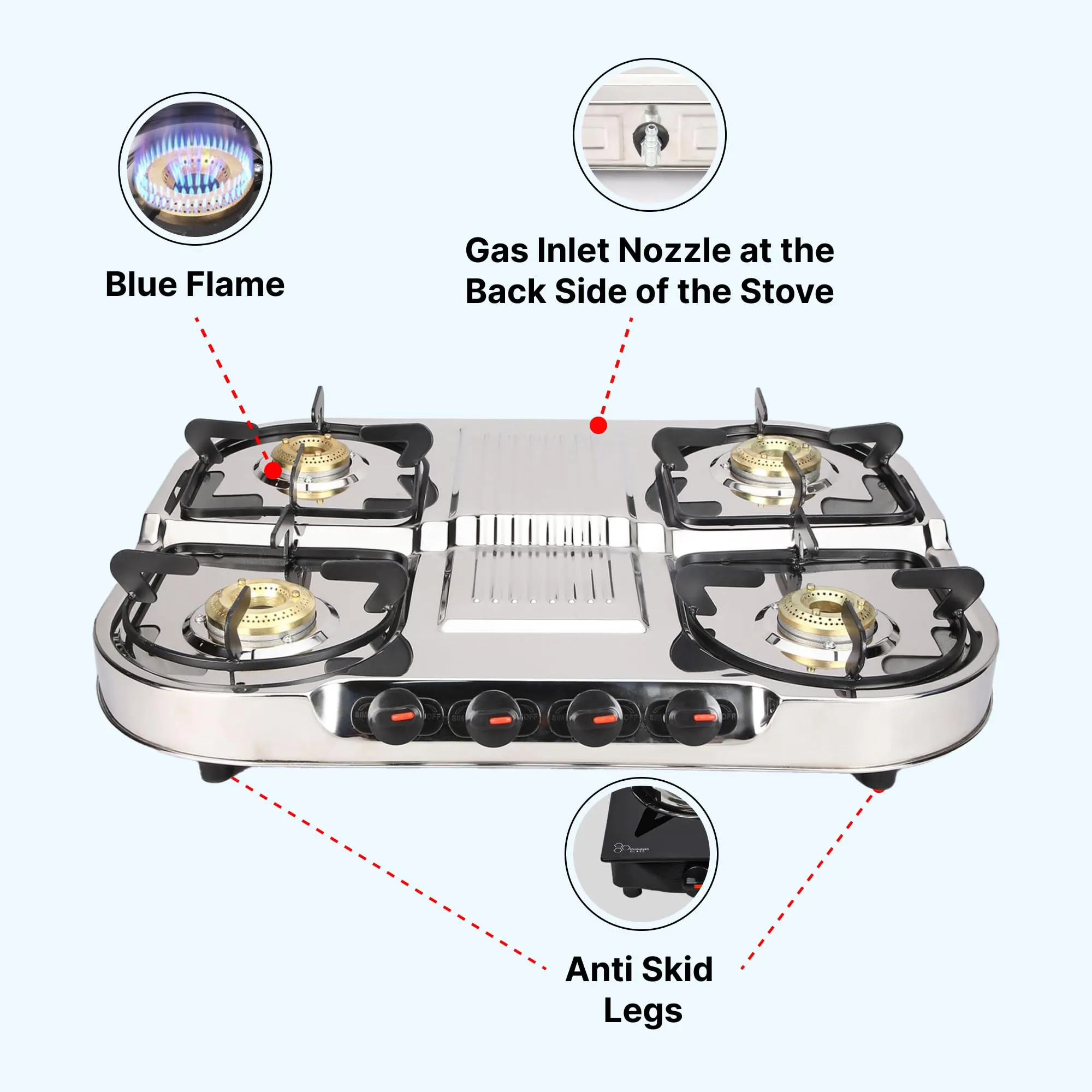 Thermador Glass 4 Burner Gas Stove With Premium Gas Saver Brass Plated Burner | Manual Ignition Stainless Steel Gas Stove | LPG Gas Stove | ISI Certified | 1 Yr Manufacturer Warranty