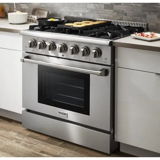 Thor Kitchen 36 in. Natural Gas Burner/Electric Oven Range in Stainless Steel, HRD3606U