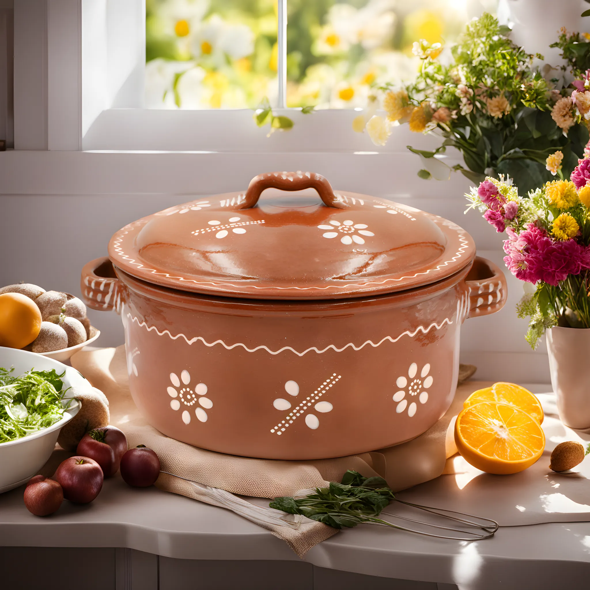 Traditional Portuguese Clay Terracotta Hand-Painted Cazuela Cooking Pot with Lid