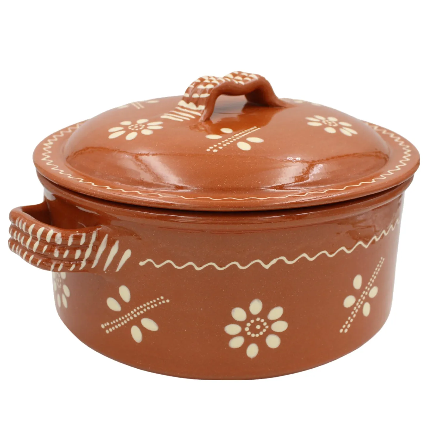 Traditional Portuguese Clay Terracotta Hand-Painted Cazuela Cooking Pot with Lid